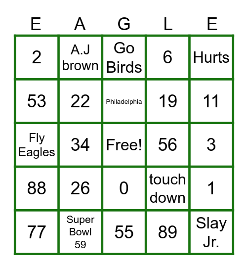 Philadelphia Eagles Bingo Card
