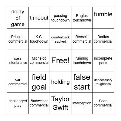 Superbowl Chiefs. vs. Eagles Bingo Card