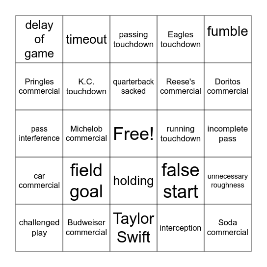 Superbowl Chiefs. vs. Eagles Bingo Card