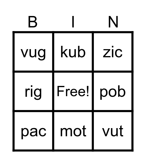 Non-Sense Words Bingo Card