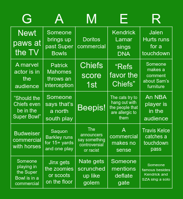 Super Bowl House Party Bingo Card