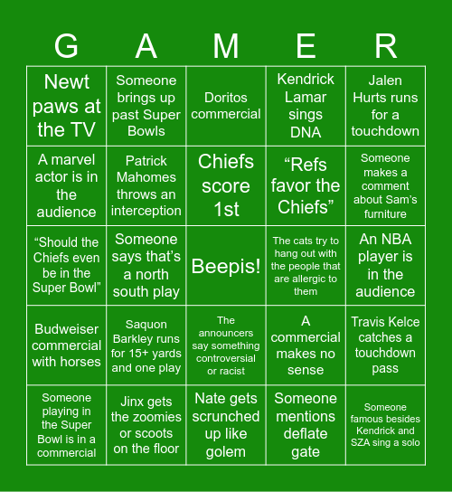 Super Bowl House Party Bingo Card