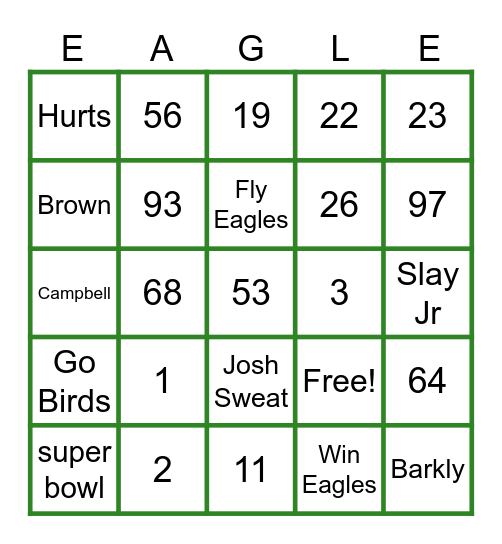 Philadelphia Eagle Bingo Card