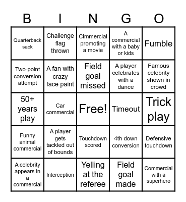Super Bowl Bingo Card