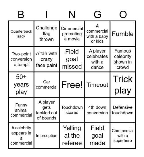 Super Bowl Bingo Card