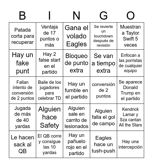 Super Bowl 2025 Bingo Card