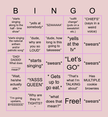 Tenley watching football. Bingo Card