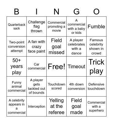 Super Bowl Bingo Card