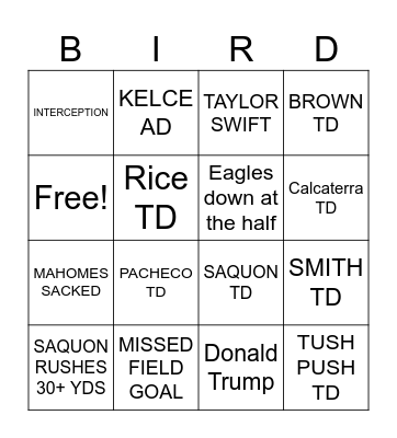 Super Bowl Bingo Card