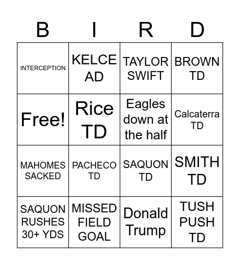 Super Bowl Bingo Card