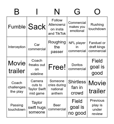 Allenownz Super Bowl Bingo Card