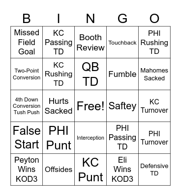 SUPER BOWL BINGO Card