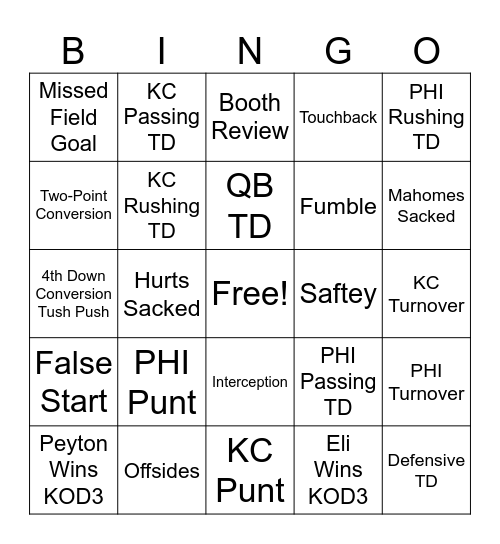 SUPER BOWL BINGO Card