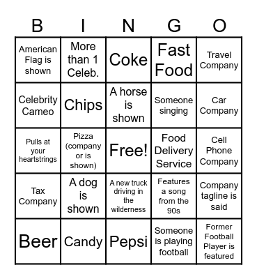 SUPERBOWL COMMERCIAL BINGO Card