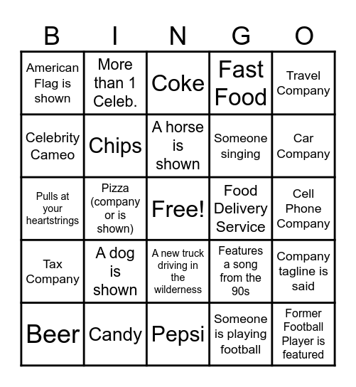 SUPERBOWL COMMERCIAL BINGO Card