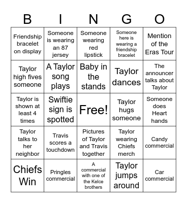 Super Bowl Taylor's Version Bingo Card