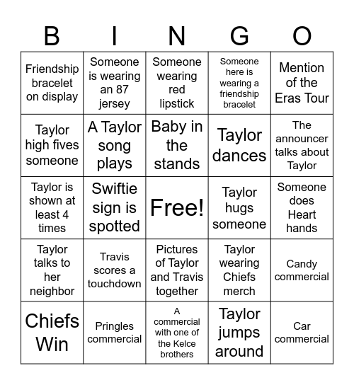 Super Bowl Taylor's Version Bingo Card
