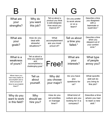 Interview Question BINGO Card