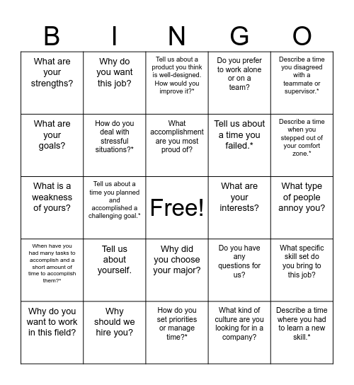 Interview Question BINGO Card