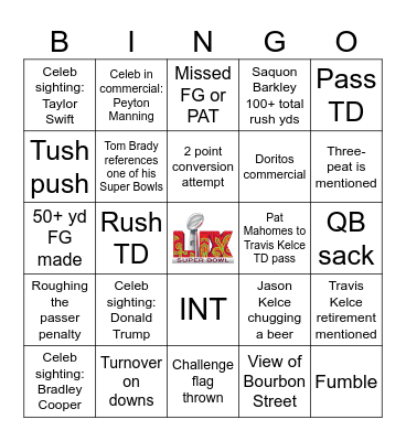 Super Bowl LIX Bingo (called between kickoff & end of game) Bingo Card