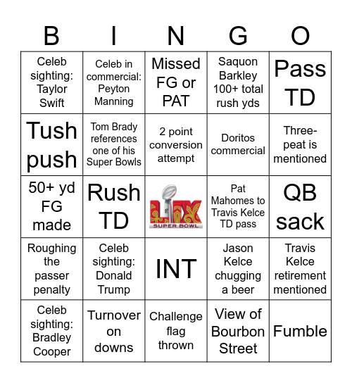 Super Bowl LIX Bingo (called between kickoff & end of game) Bingo Card