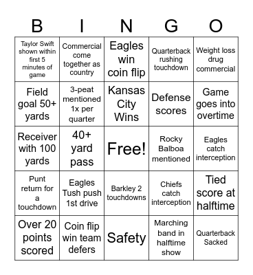 Super Bowl 2025 Bingo Card