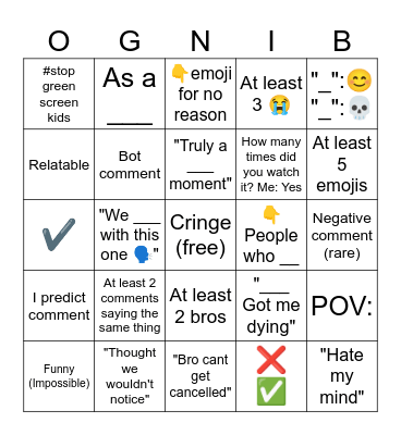 YouTube Shorts Comments Bingo Card