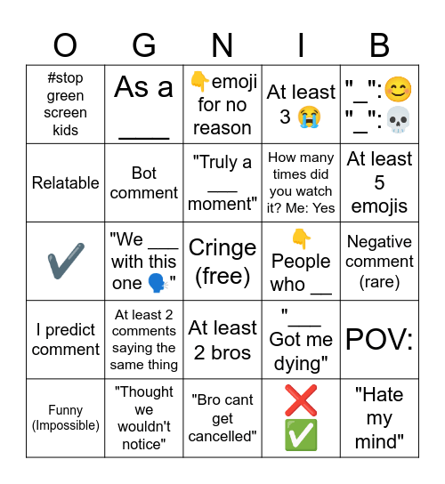 YouTube Shorts Comments Bingo Card