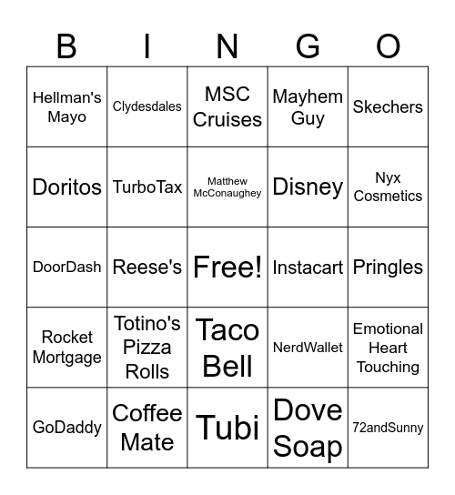 Super Bowl 2025 Commercials Bingo Card