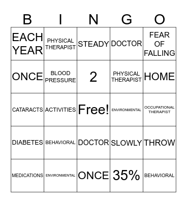 FALL PREVENTION Bingo Card