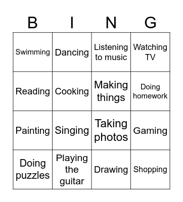 Hobbies Bingo Card