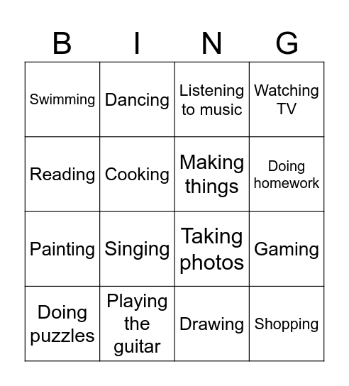 Hobbies Bingo Card
