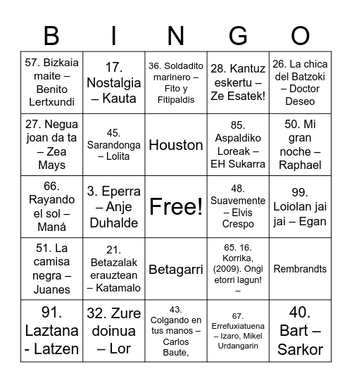BINGO MUSIKATUA Bingo Card