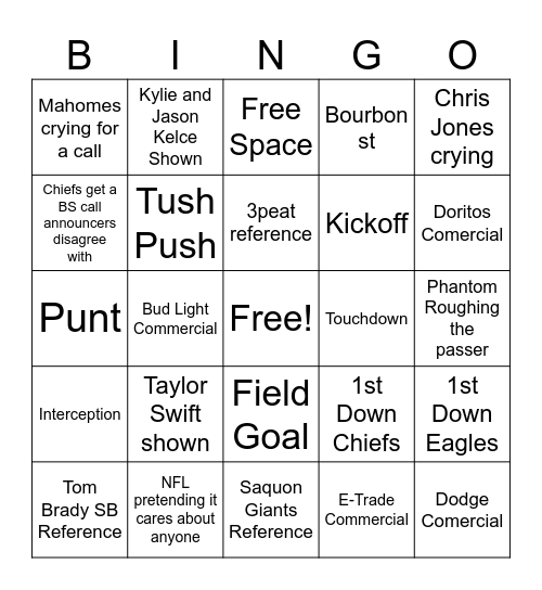 Superbowl LIX Bingo Card