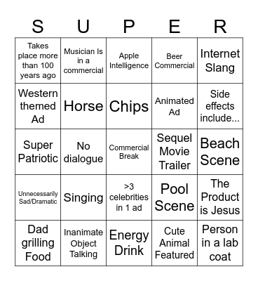 Super Bowl Ads Bingo Card