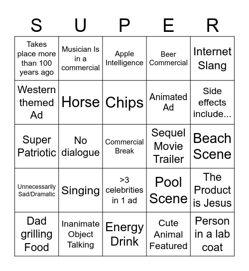 Super Bowl Ads Bingo Card