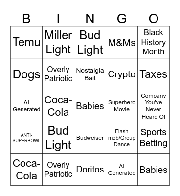 SUPERBOWL COMMERCIAL BINGO Card