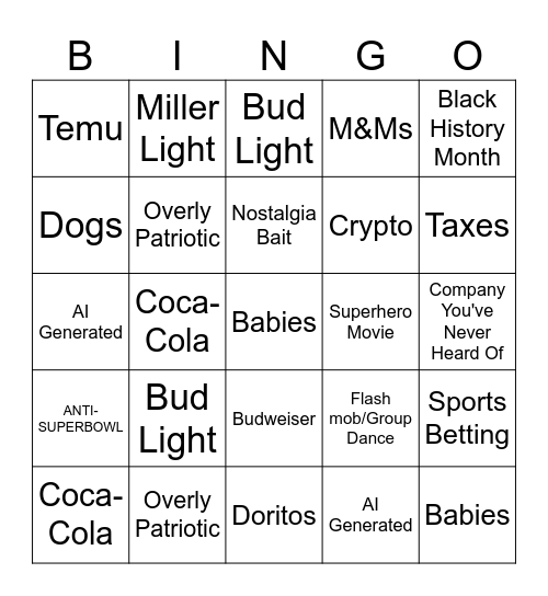 SUPERBOWL COMMERCIAL BINGO Card