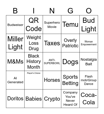 Superbowl Commercial Bingo Card