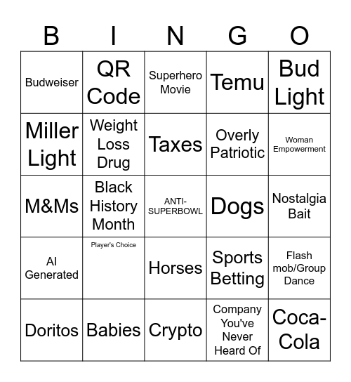 Superbowl Commercial Bingo Card