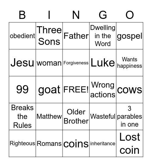 Prodigal God Bingo Card