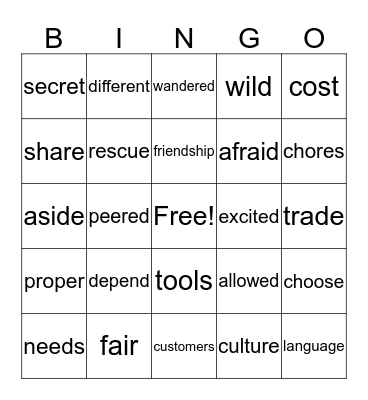 Unit 1, Vocabulary Words Bingo Card