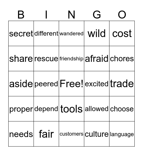 Unit 1, Vocabulary Words Bingo Card