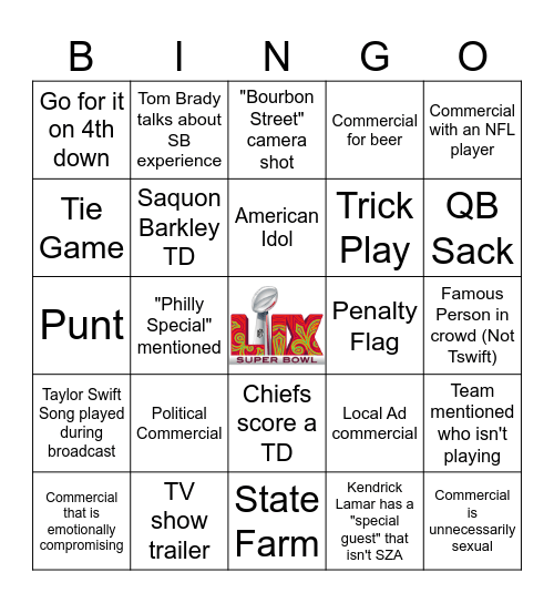 Super Bowl LIX Bingo Card