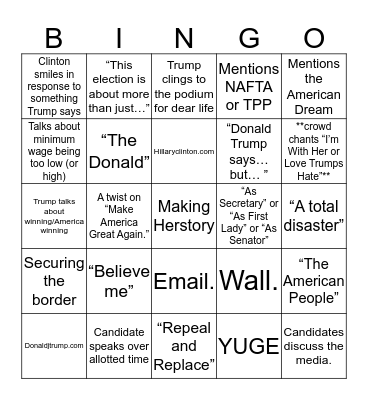 2016 Presidential Debate Bingo Card