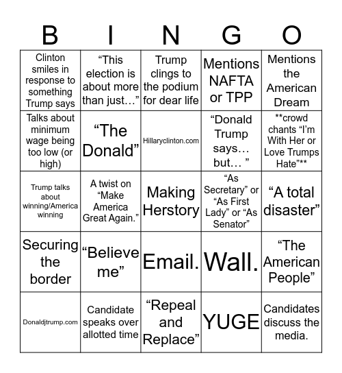 2016 Presidential Debate Bingo Card