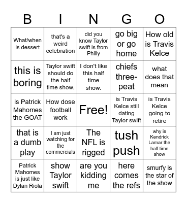 silly things said at the super bowl Bingo Card