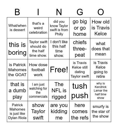 silly things said at the super bowl Bingo Card