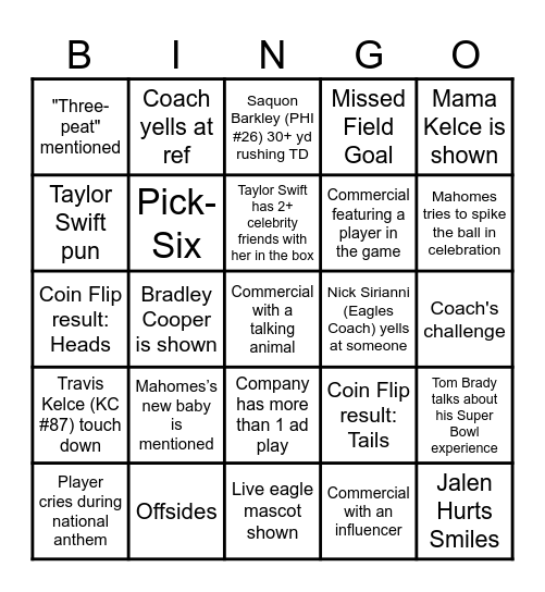Super Bowl LIX Bingo Card