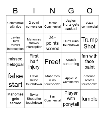 Superbowl Bingo Card